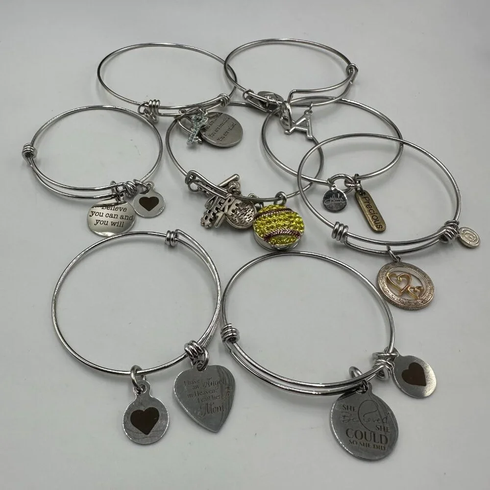 Expandable Wire Charm Bangle Bracelet Lot Silver Tone Inspirational Set of 8